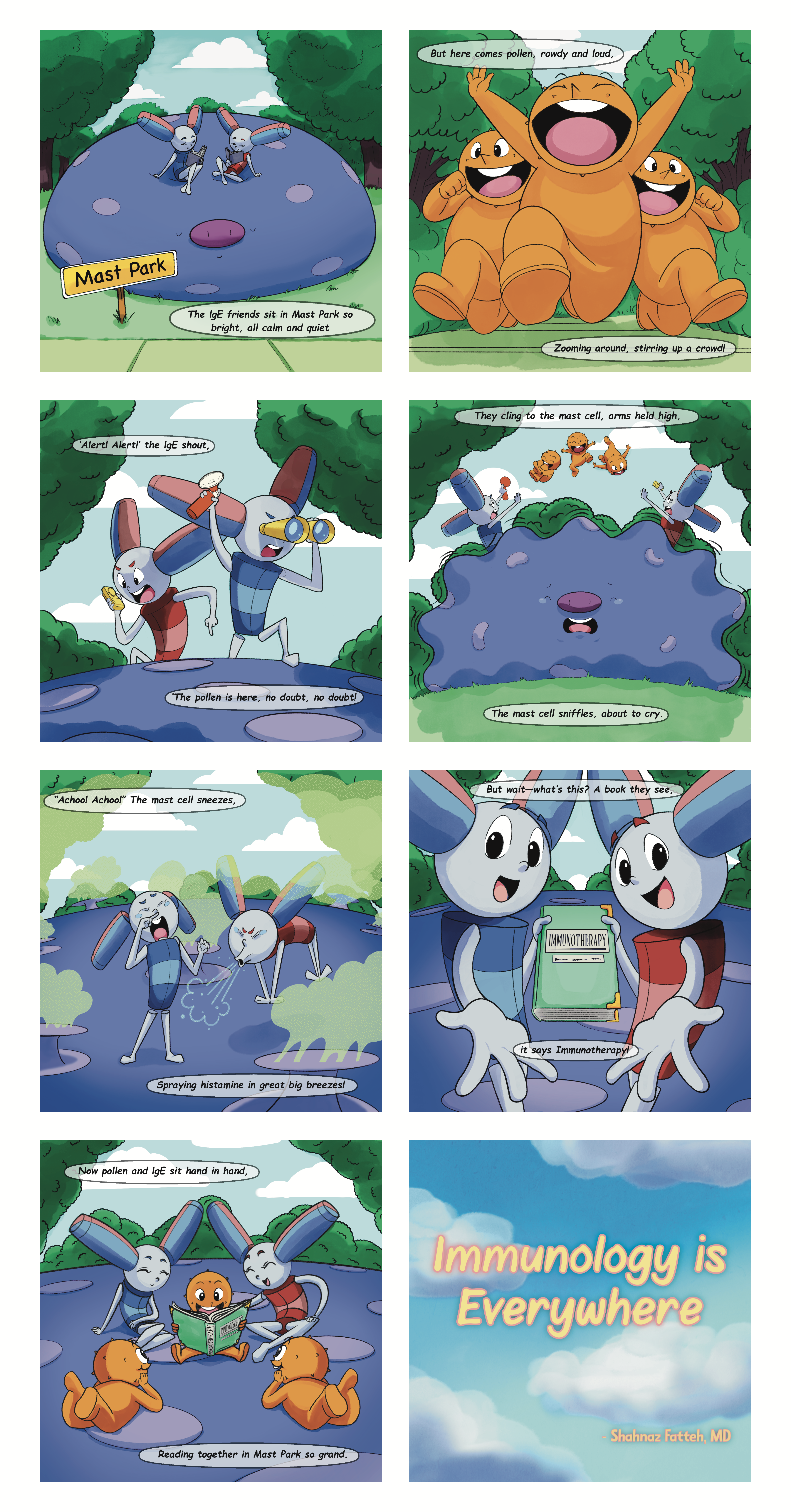 Immunology Is Everywhere — a kids comic strip about IgE, mast cells, and allergy immunotherapy at Mast Park